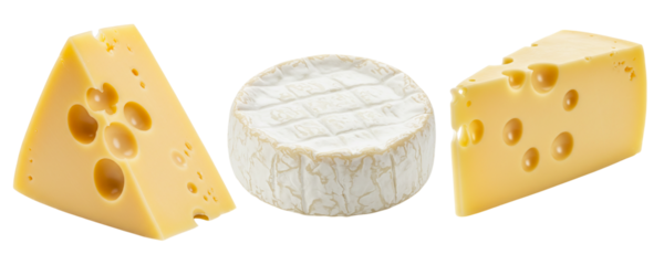 An assortment of fine cheeses, including a wedge of hard cheese, a wheel of camembert or brie, and a piece of Swiss cheese. This set is perfect for a cheese board or appetizer platter.