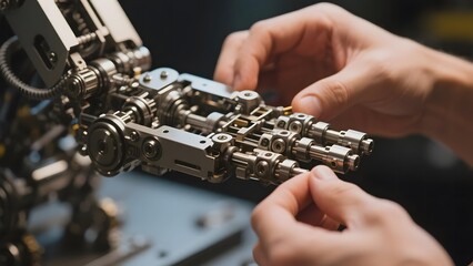 Engineer Adjusting Mechanical Components in a Precision Assembly