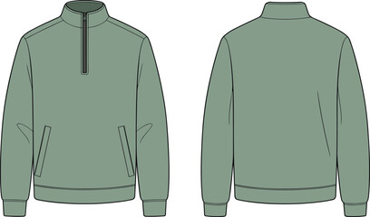 Green half zip pullover sweatshirt front and back view, casual unisex outerwear design template with pockets and high collar, flat vector illustration © Khadija Creatives