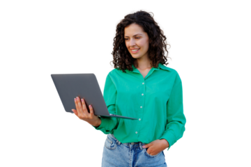 Curly-haired woman working on laptop, wearing green shirt against transparent backdrop