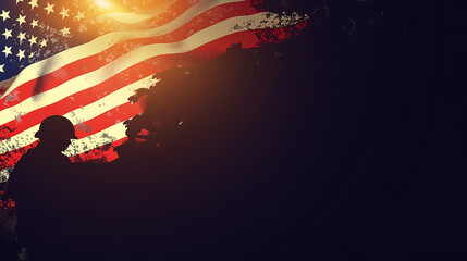 american flag waving behind a silhouette of a soldier usa veterans day background with copy space