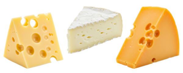 A popular cheese board selection with a wedge of brie, a piece of Swiss cheese, and a block of yellow cheese. This delicious assortment is ready for snacking or entertaining.