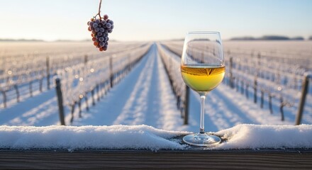 Glass of Canadian ice wine with frozen grapes in a snowy vineyard at sunrise in winter time