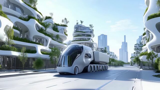 Futuristic architecture integrates greenery and advanced transport systems in a vibrant urban setting on a sunny day
