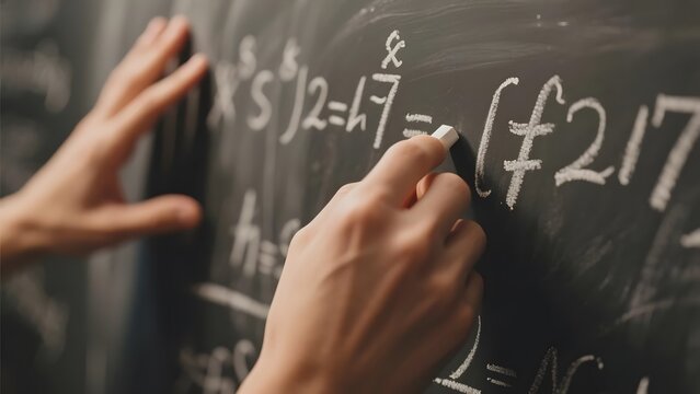 Hands writing mathematical equations on a chalkboard