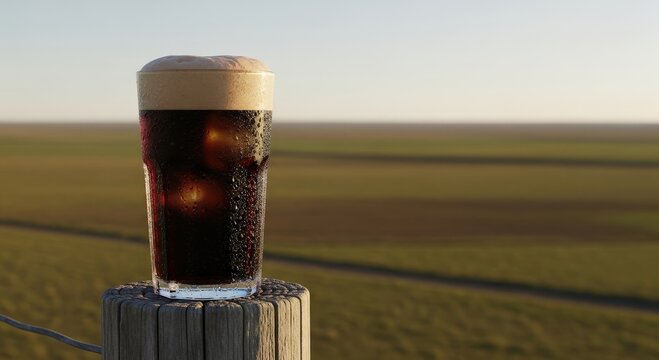 Fernet and cola cocktail on a wooden post with a beautiful rural landscape at sunset