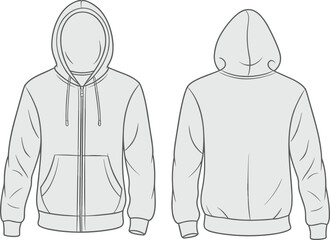 Front and back view zip up hoodie with drawstring hood, kangaroo pocket and ribbed cuffs, casual unisex clothing mockup, flat vector illustration © Khadija Creatives