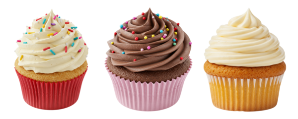 A set of three beautifully decorated cupcakes: vanilla with sprinkles, chocolate, and plain vanilla. This popular assortment is a favorite treat for birthdays, parties, and celebrations.