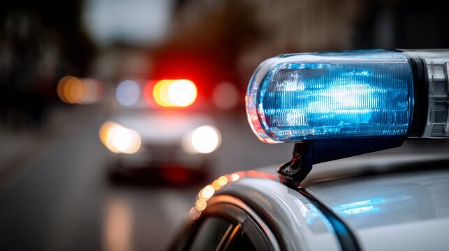 Modern police car with emergency lights responding in urban setting during night time