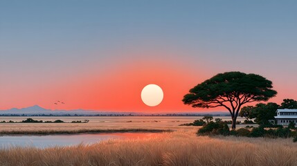 붉게 타오르는 석양이 있는 풍경