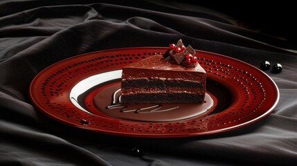 Obraz premium A decadent chocolate cake slice garnished with chocolate shavings and berries on a red plate.