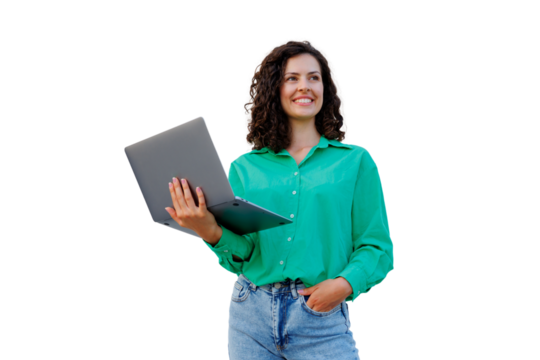 Studio shot of cheerful businesswoman holding laptop, looking up and smiling, isolated on transparent background