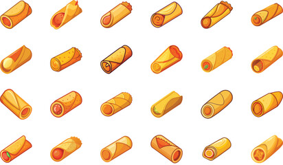 Colorful Cartoon Fast Food Icons Collection Featuring Burgers, Pizza, Tacos, Wraps, Fries, Snacks, and Street Food Items on White Background