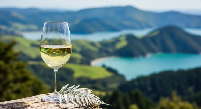 Glass of sauvignon blanc wine with a beautiful view of marlborough sounds in new zealand