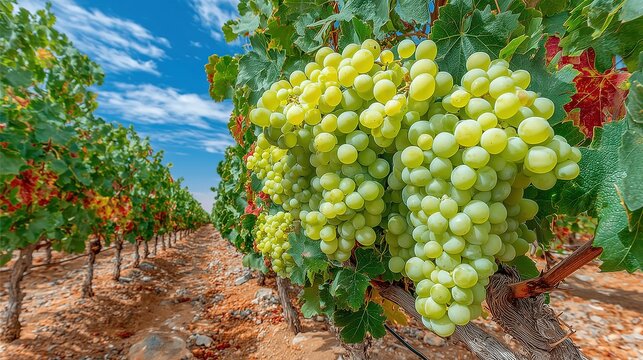 Photography work featuring an ecological vineyard with natural light and shadow, showcasing plump grapes and a regular vineyard scenery, conveying an atmosphere of harvest texture and quality traceabi