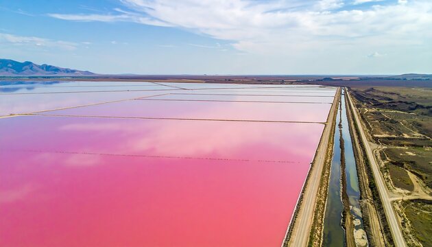 Aerial view of a vast expanse of vibrant pink salt ponds.