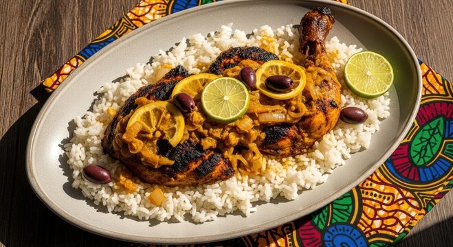 Senegalese yassa poulet chicken with onion sauce olives and rice on a traditional platter
