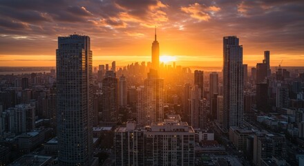 Fototapeta premium Cityscape at sunset with Empire State Building lit up