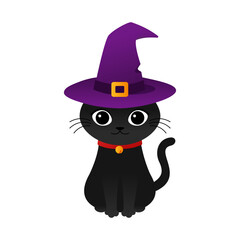 Cute black cat character with purple witch hat for fantasy cartoon or halloween party. Mysterious pet mascot of sorcerer illustration for death scary celebration invitation card. isolated clip art.
