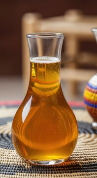 Bottle of tej ethiopian honey wine on a mountain rock at sunrise with beautiful wild flowers