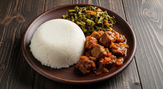 Delicious traditional zimbabwean sadza with nyama beef stew and greens on a rustic plate