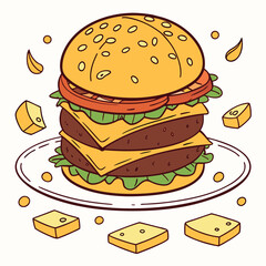Stylized double cheeseburger sits on plate with cheese cubes and sesame seeds scattered around it