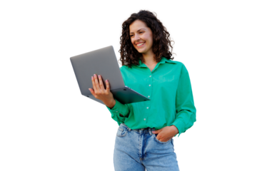 Professional businesswoman smiling, gripping laptop and radiating confidence against clean white backdrop