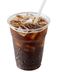 Refreshing iced coffee in plastic cup with clear lid and condensation details on transparent background
