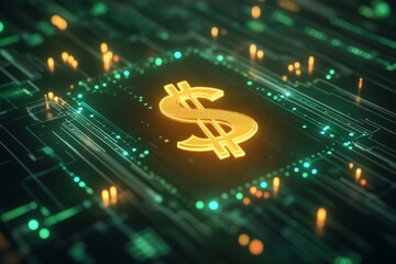 Golden dollar sign on a glowing circuit board.