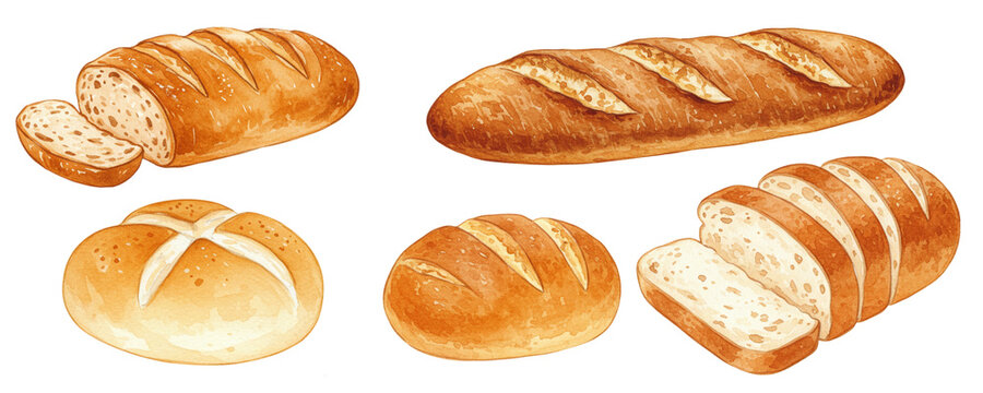 A watercolor illustration of an assortment of fresh bakery bread, including a baguette, a loaf, and a roll. This delicious art represents traditional baking and staple food items.