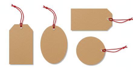 Set of blank paper tags of various shape with red twine isolated on white background 06