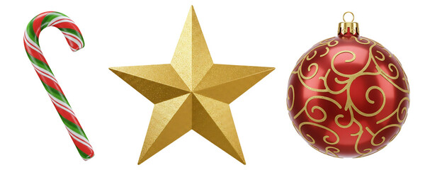 A set of classic Christmas tree decorations, including a candy cane, a shiny golden star, and an ornate red bauble. This cheerful collection represents traditional holiday symbols.
