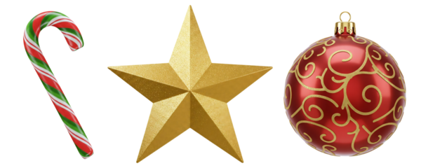 A set of classic Christmas tree decorations, including a candy cane, a shiny golden star, and an ornate red bauble. This cheerful collection represents traditional holiday symbols.