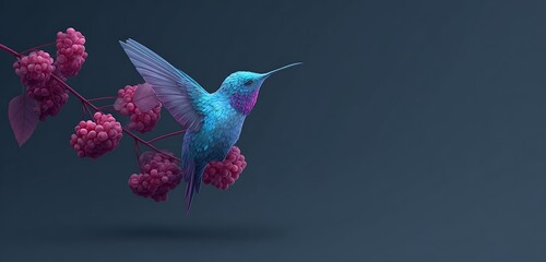 Bright hummingbird hovering near dark blossom cluster