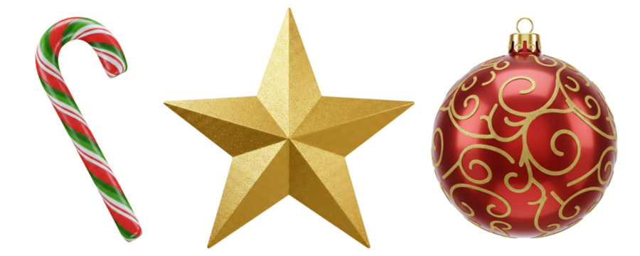 A set of classic Christmas tree decorations, including a candy cane, a shiny golden star, and an ornate red bauble. This cheerful collection represents traditional holiday symbols.