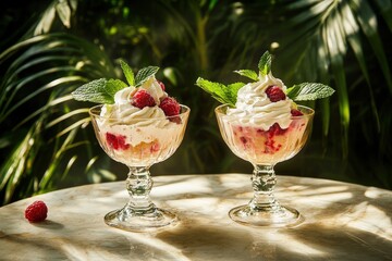 Raspberry dessert in a glass bowl with whipped cream.