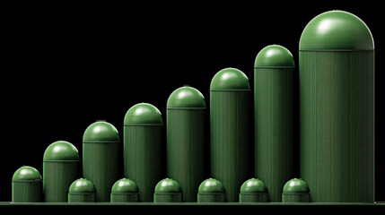 A dynamic 3D bar chart where each bar is a digester dome, rising bars tinted green as organic waste input increases and power output spikes. on black background.