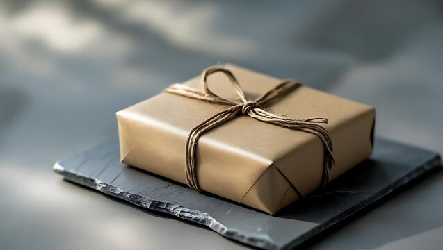 Kraft paper gift box with string ribbon on a slate stone table in soft light