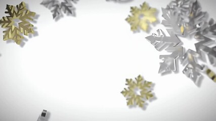 Metallic Snowflakes Fall in a Festive Winter Holiday Pattern On A White Background with Elegant Silver and Gold Geometric Shapes - Powered by Adobe