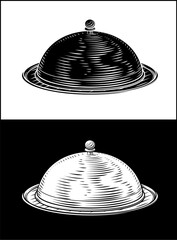 Classic woodcut style illustration of covered cloche serving plate bell platter dish. Ideal for culinary branding, restaurant menus, hospitality logos, or vintage food service themed designs.