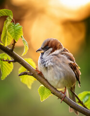 Obraz premium A detailed scene of a sparrow perched on a thin branch, gently preening its wing feathers. Golden morning sunlight filtering through soft green leaves. Warm and calm atmosphere, shallow depth of field
