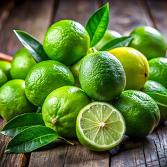 fresh juicy limes with green leaves