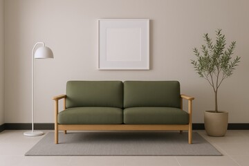 Modern Living Room Scene Featuring a Green Sofa, Floor Lamp, Artwork Frame, and Potted Plant.