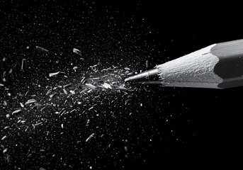 Closeup of a sharpened pencil with shavings flying off the tip on a black background