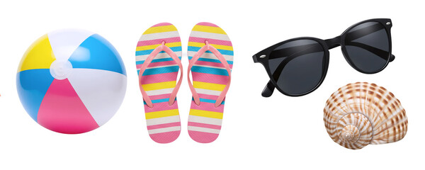 A set of fun beach accessories, featuring a colorful beach ball, striped flip-flops, black sunglasses, and a seashell. This collection represents a classic day of fun and games by the sea.