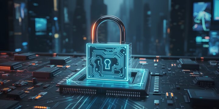 Digital security padlock with glowing circuit board pattern on a computer chip symbolizing cybersecurity and data protection in a futuristic city backdrop emphasizing technology