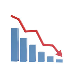 3d bar chart showing downward trend with red arrow isolated on transparent background