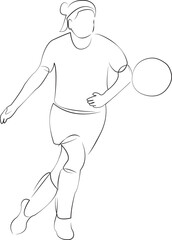 One continuous line drawing on white isolated background. Minimalism linear illustration. child, sport, girl, person, football, ball, soccer, game, playing, player