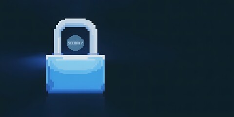 Pixel Art Style Padlock with Security Label Representing Digital Safety Data Protection Cybersecurity and Privacy in a Retro 8 Bit Inspired Design on Dark