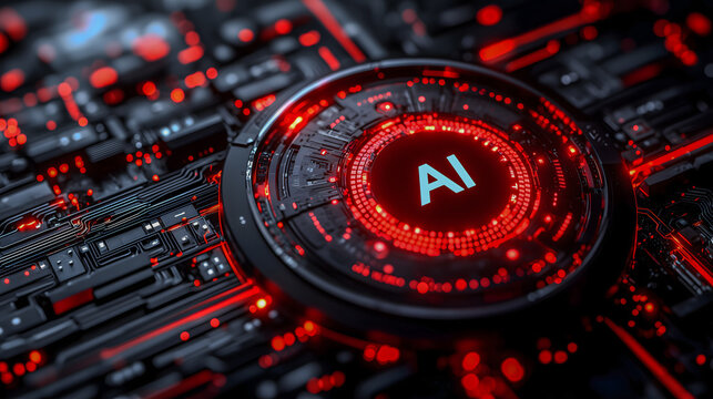 Minimal AI round circuit interface lit by red ring light